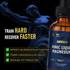 Aurum Ionic Liquid Magnesium bottle beside a blue classical statue on a dark background