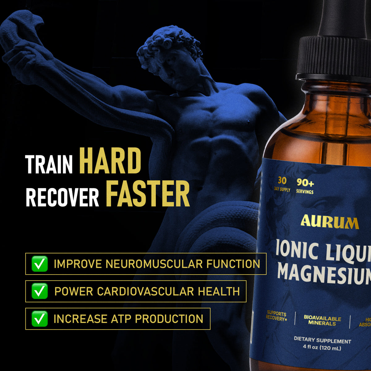 Aurum Ionic Liquid Magnesium bottle beside a blue classical statue on a dark background