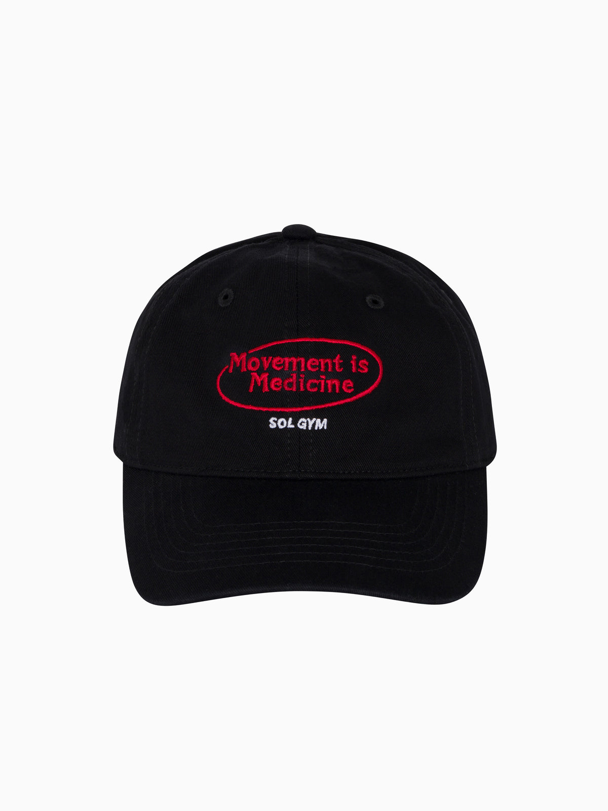 Movement is Medicine Cap in black with red embroidered logo, front view