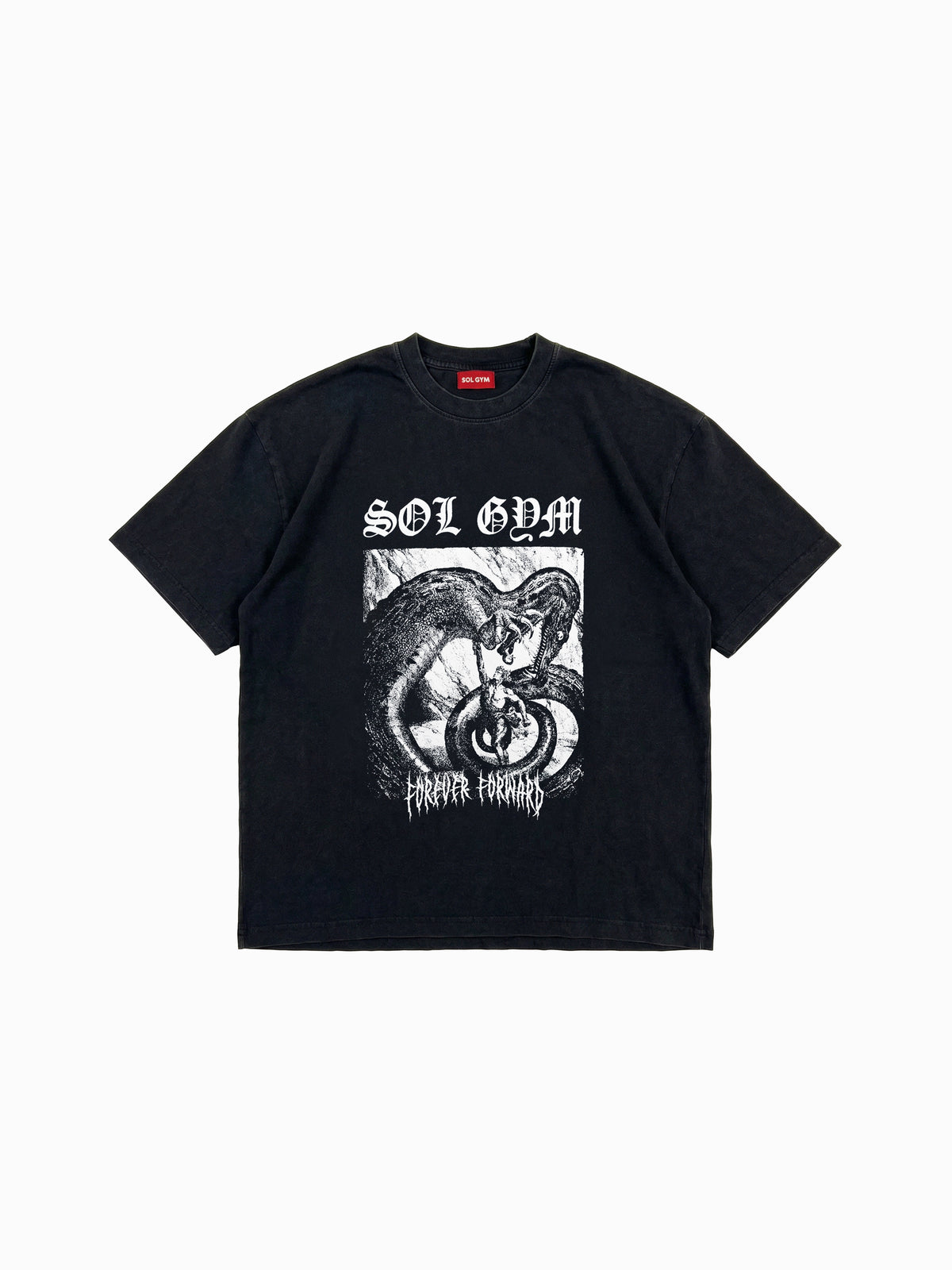 Black t-shirt with graphic design and 'SOL GYM' text on a white background