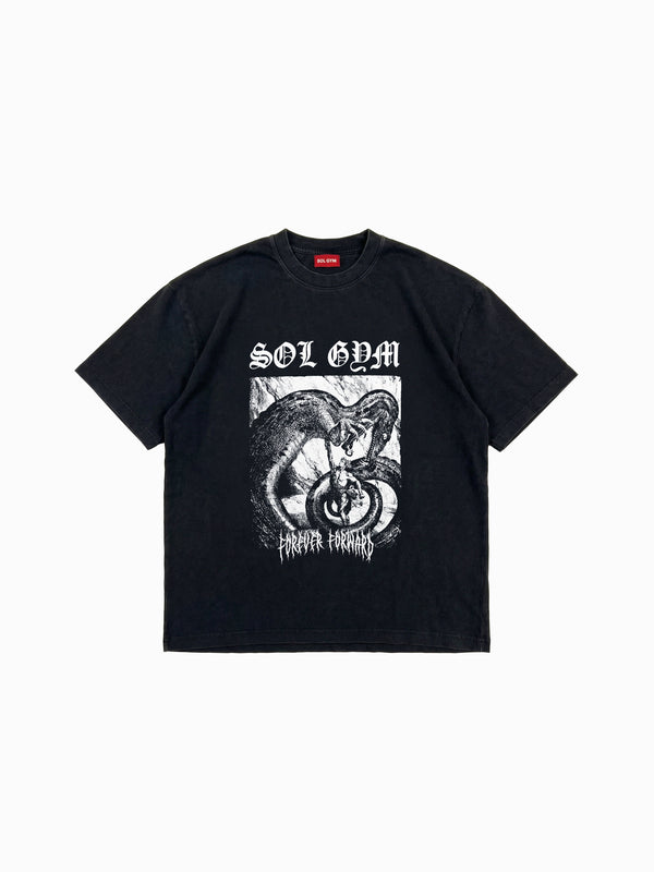 Black t-shirt with graphic design and 'SOL GYM' text on a white background