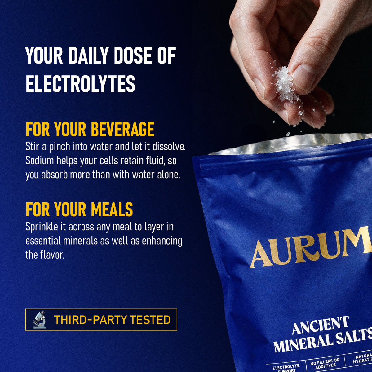 Aurum Ancient Mineral Salts how-to-use graphic with a hand sprinkling salts over the open bag