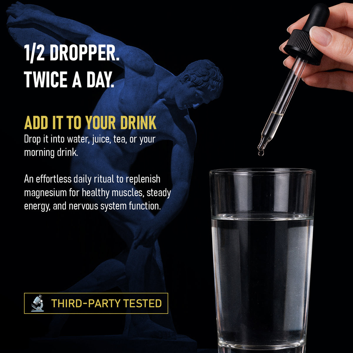 Aurum Ionic Liquid Magnesium how-to-use graphic with dropper and glass of water