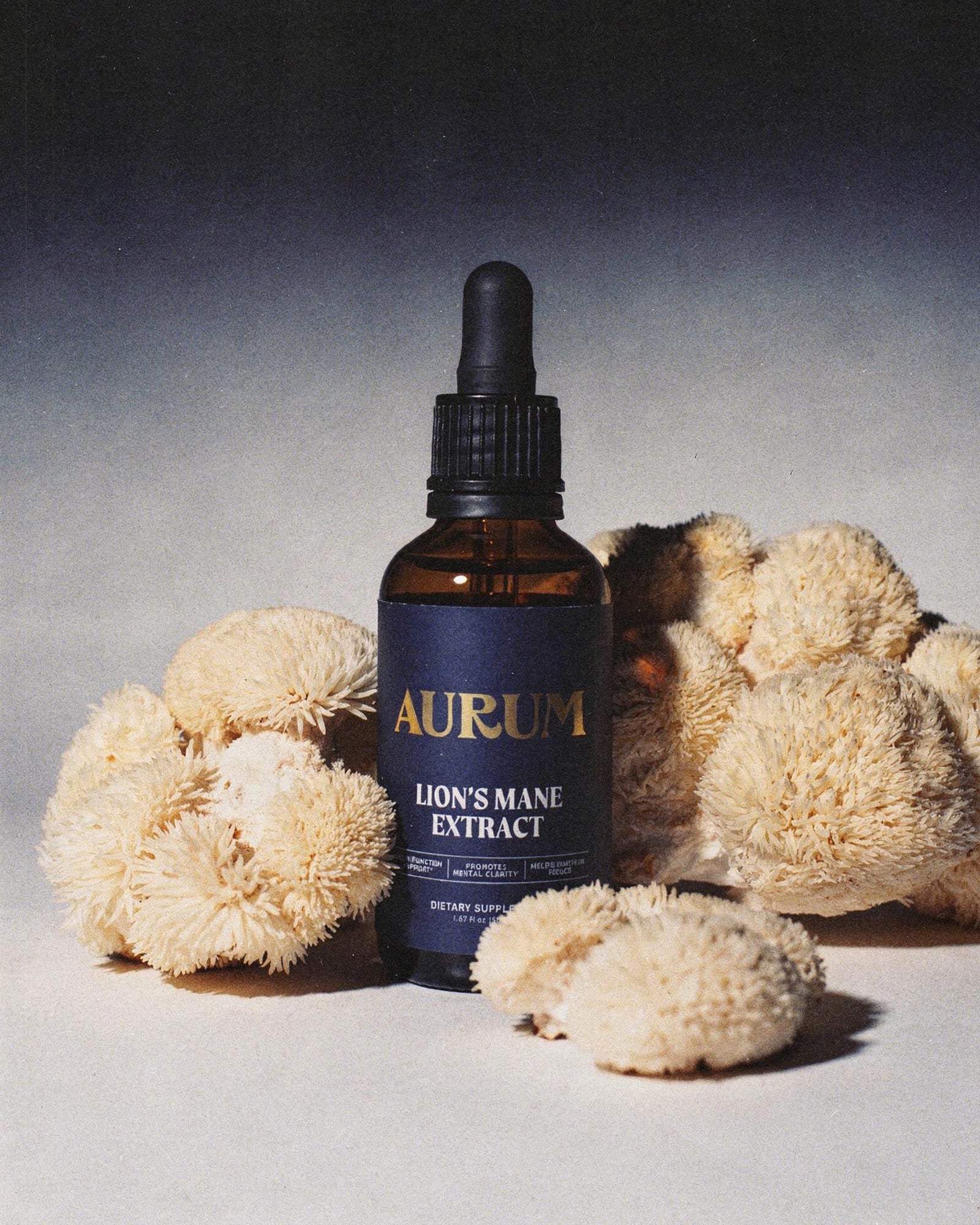 Aurum Lion's Mane Extract bottle with dried lion's mane mushrooms on a neutral background