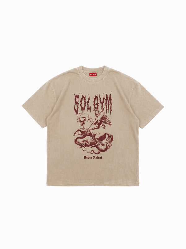 Beige t-shirt with red graphic design and 'SOLGYM' text on a white background