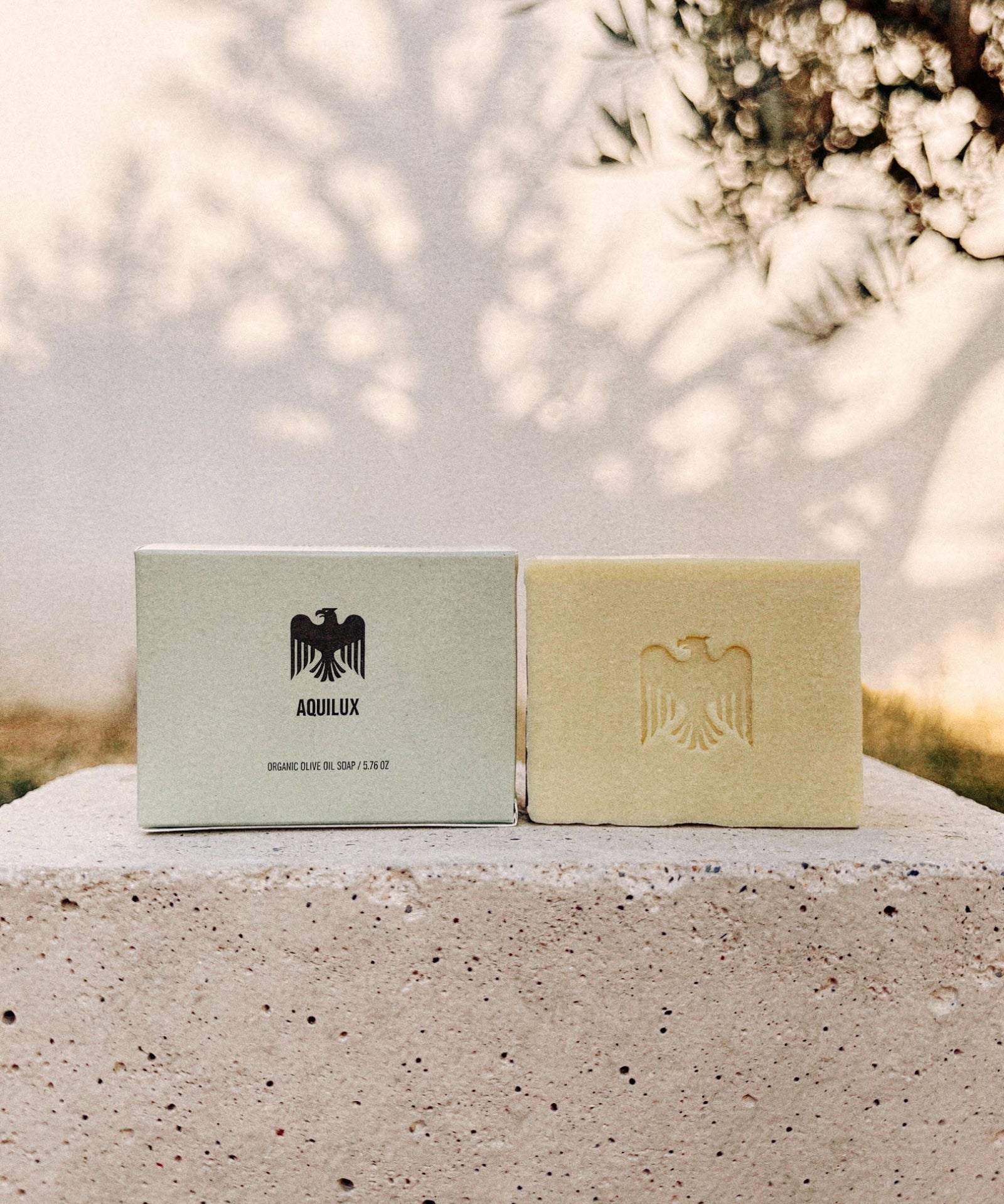 Aquilux Organic Olive Oil Sol Soap bar on a natural surface