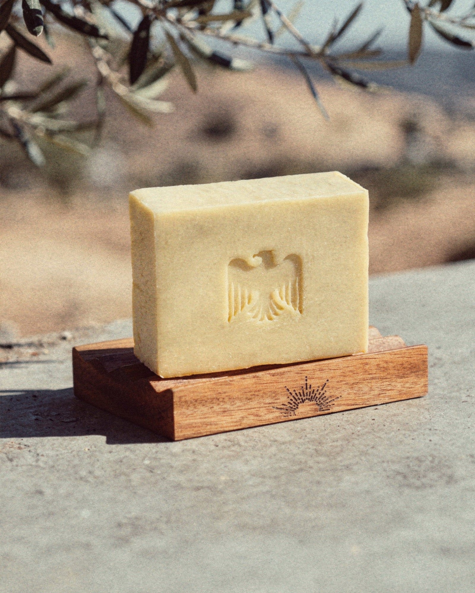 Bar of soap on a wooden stand with an eagle emblem, set against a natural background.