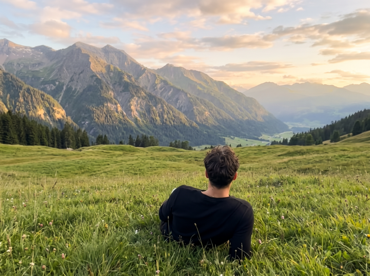 Man relaxing in a mountain meadow at sunset