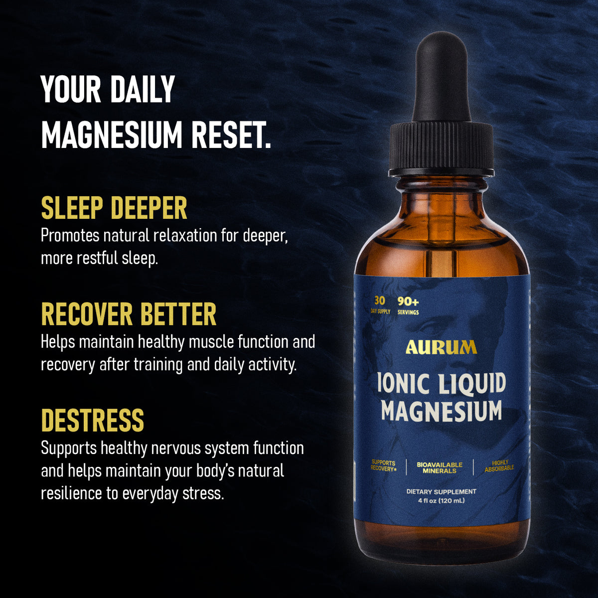 Aurum Ionic Liquid Magnesium dropper bottle with a 'Your Daily Magnesium Reset' text panel on dark blue