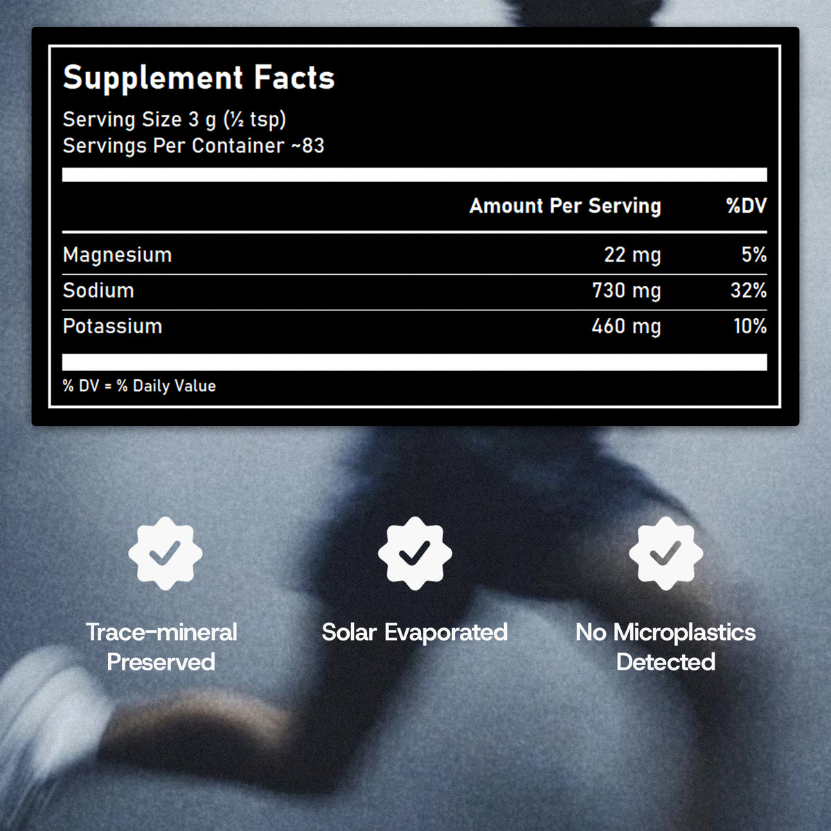 Aurum Ancient Mineral Salts Supplement Facts panel listing magnesium, sodium and potassium per serving