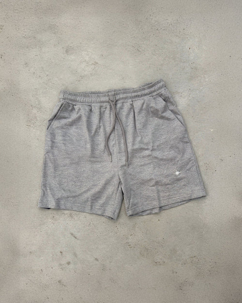 Ash grey Sol Dept. cotton gym shorts on a gray concrete surface