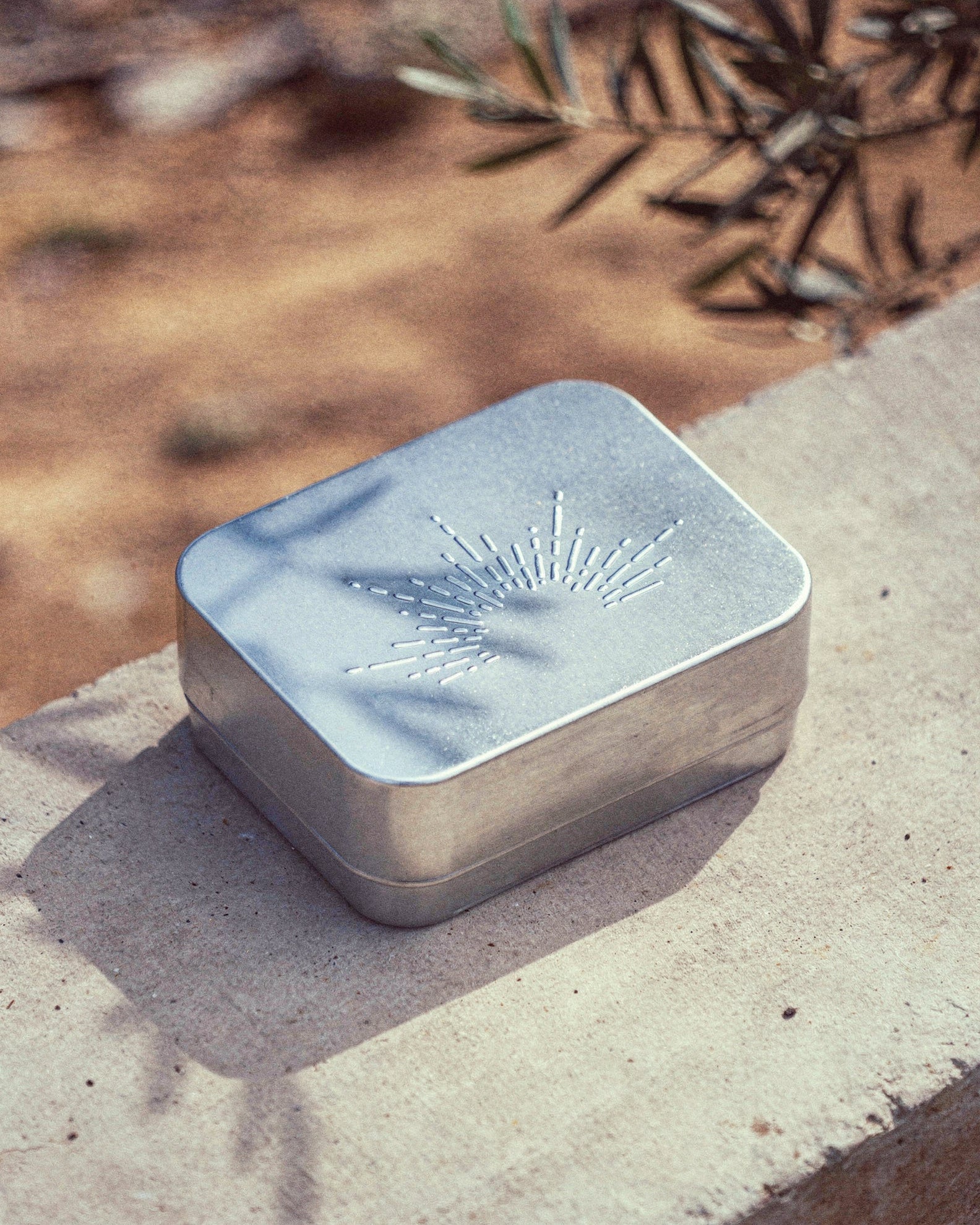 Metallic rectangular dish with embossed design on a concrete surface with blurred natural background