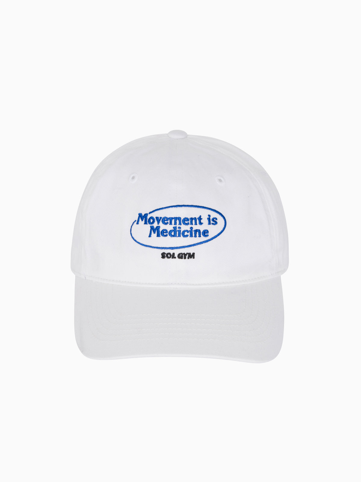 Movement is Medicine Cap in white with blue embroidered logo, front view